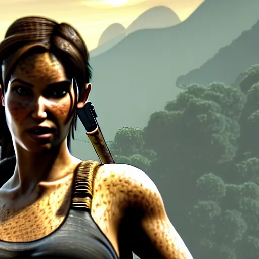 Image similar to lara croft wearing batik!!!!!!, looking content, golden hour, cinematic