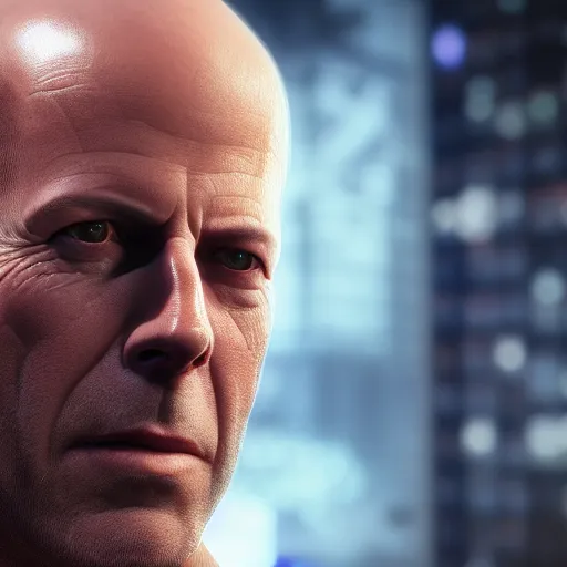 Prompt: bruce willis portrait, cyberpunk 2 0 7 7, cyberpsycho, photorealistic, ultra detailed, neon, octane, bokeh, cyber, cyberpunk city, feature, scars, cyberface, 8 k