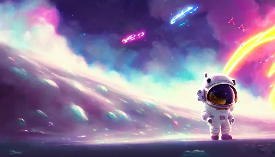 Image similar to a still of a cute kawaii astronaut android riding a large neon kaiju dragon, nebulous background of dynamic space, a dramatic composition by wlop and greg rutkowski and makoto shinkai and studio ghibli and kyoto animation cute bubbly clothing, highly detailed, digital painting, matte