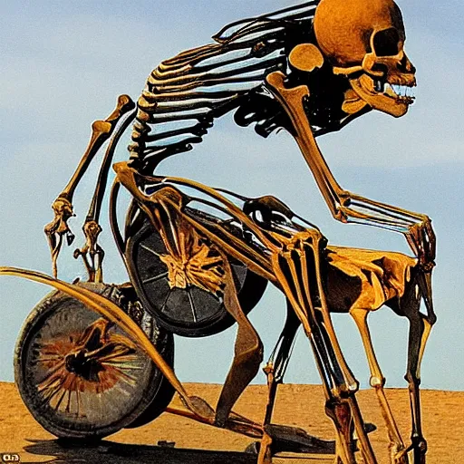 Image similar to The mixed mediart features a human figure driving a chariot. The figure is skeletal and frail, with a large head and eyes. The chariot is pulled by two animals, which are also skeletal and frail. carrot orange, in France by Enki Bilal opulent