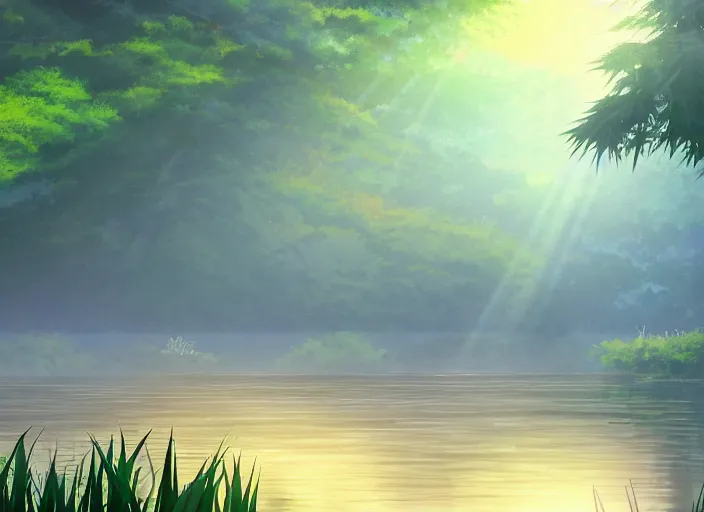 Image similar to misty japanese bamboo forest, lake, waterfall!!!!!, large mountain, rule of thirds, sunny, cartoony, stylized anime, sun rays, soft, by hayao miyazaki, ghibli studio, makoto shinkai, toei animation, studio trigger, trending on artstation, 4 k, hd