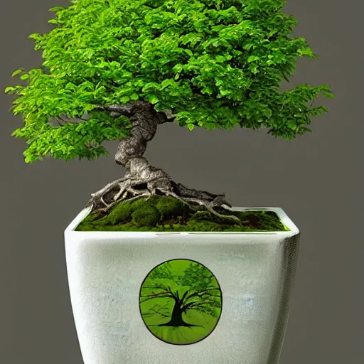 Prompt: Green bonsai tree in a pot growing through a human cranium, digital art, artstation, cgsociety,