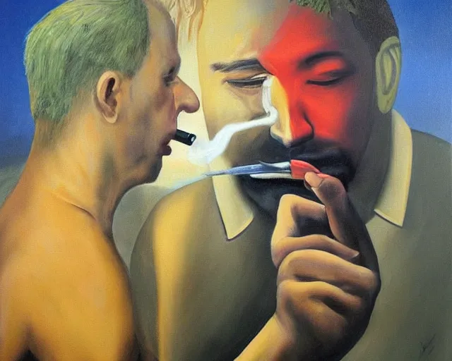 Image similar to a surreal painting of man smoking a joint