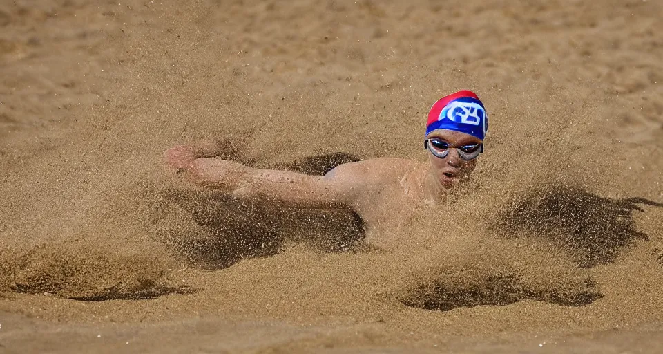 Image similar to olympic swimming in sand instead of water, extremely coherent, motion blur