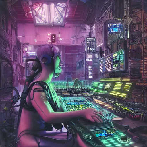 Prompt: cyberpunk goth musician cyborg playing cyberpunk synthesizer in cyberpunk farmers market by william barlowe and pascal blanche and tom bagshaw and elsa beskow and enki bilal and franklin booth, neon rainbow vivid colors smooth, very fine high detail 8 k resolution