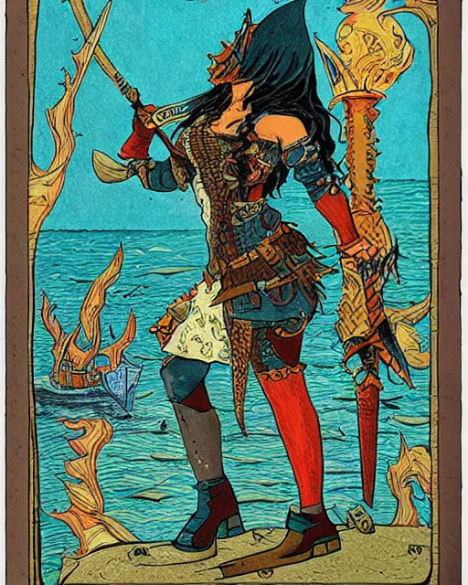 Prompt: a shark skin pirate queen with melee weapons by ivan bilibin