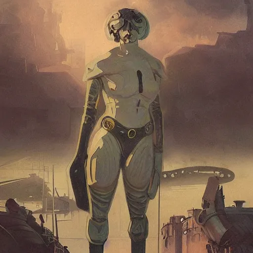 Image similar to portrait of rubbery albino mutant with moist skin, huge black eyes and determined expression, wearing fascist Byzantine police uniform and standing on cyberpunk docks, Dune concept art by Anato Finnstark, Alphonse Mucha, and Greg Rutkowski