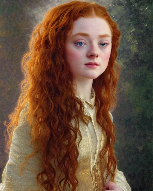 Image similar to realistic oil painting of sadie sink or redheaded saoirse ronan wearing a reflective gold club dress, highly detailed, intricate, elegant, digital painting, smooth, sharp focus, illustration, ultra realistic, 8 k, by bouguereau, alphonse mucha, artgerm, and donato giancola