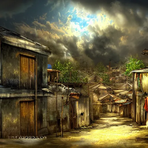 Image similar to the slums just outside the pearly gates to the kingdom - of - heaven - in - the - clouds, digital art