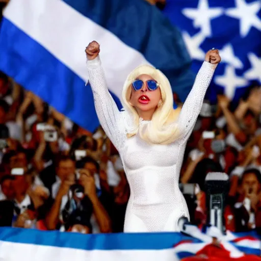 Image similar to Lady Gaga as president, Argentina presidential rally, Argentine flags behind, bokeh, giving a speech, detailed face, Argentina