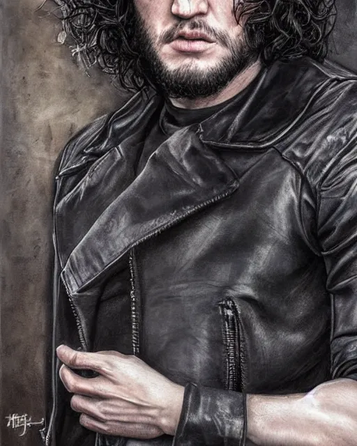 Image similar to portrait of kit harrington, gritty, dark, wearing a undone leather jacket, bare-chested, very detailed eyes, hyperrealistic, very detailed painting by Glenn Fabry, by Joao Ruas, by Artgerm, mfs shot