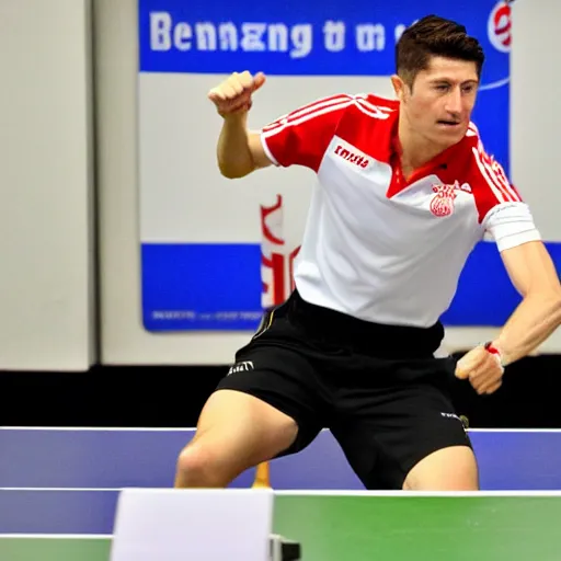 Prompt: Robert Lewandowski playing table tennis on a tournament, high quality news photography