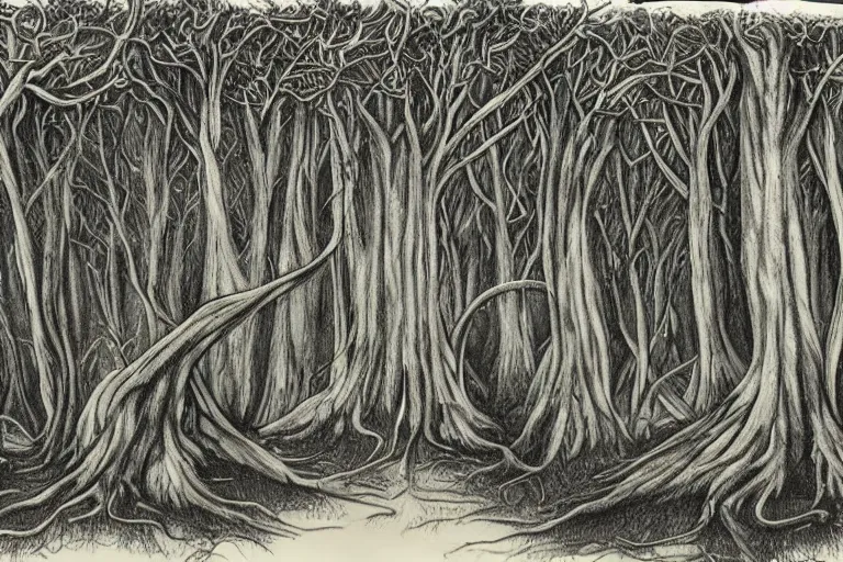 Image similar to forest of the soul, eyes of strange creatures hiding in the dark waiting to devour, snakes to strangle, cobwebs and old trees, a glimpse of hope, ink and ballpoint