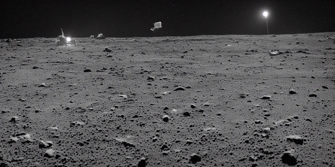 Image similar to closeup black and white photo from the surface of the moon, cinematic film still, glowing landing lights on spaceship, stars and space in the background,