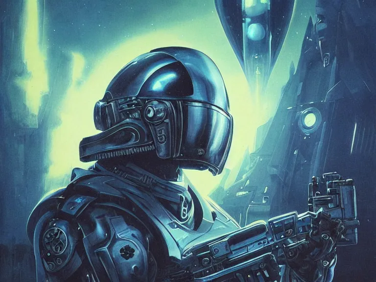 Image similar to a detailed profile painting of a bounty hunter in armour and visor, cinematic sci-fi poster. Spaceship high in the background. Flight suit, anatomy portrait symmetrical and science fiction theme with lightning, aurora lighting clouds and stars. Clean and minimal design by beksinski carl spitzweg and tuomas korpi. baroque elements. baroque element. intricate artwork by caravaggio. Oil painting. Trending on artstation. 8k