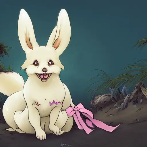 Image similar to an adorable zany girly alluring chubby charming but slightly terrifying # fennic fox wolf rabbit hybrid, with long floppy rabbit ears, wearing a cute girly bow on the top of its head, grinning at the camera with a mischievous look, sharp teeth, happy lighting, at a tropical beach, greg rutkowski and alphonse mucha and jin xiaodi and anthony devine