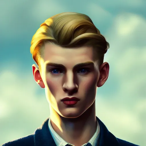 Image similar to A videogame portrait of a young Irish man with high cheekbones. Good bone structure. Dressed in 1940s style. (Blond). Highly detailed, fine Art, high detail, great lighting, 8k resolution, masterpiece, concept art, illustration, clear eyes, painting oil on canvas, octane render, HDR, trending on artstation, 4k, 8k, HD