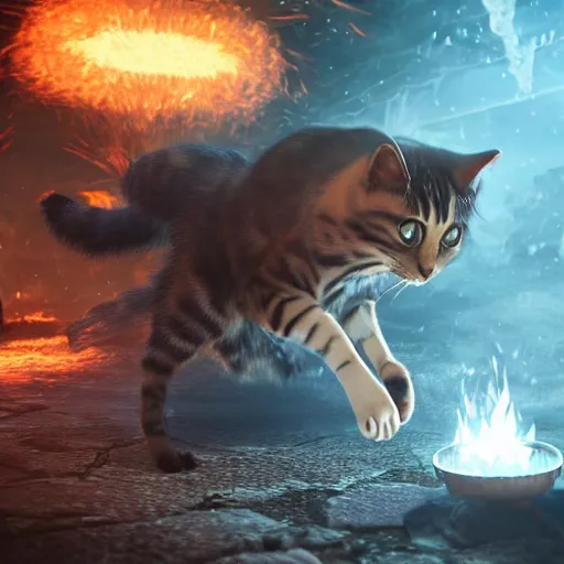 Prompt: deeply scared cat running away from the giant carnivorous sandwich, artstation hq, dark phantasy, stylized, symmetry, modeled lighting, detailed, expressive, true unsimulated emotions, created by hidetaka miyazaki, dark souls 3 artstyle