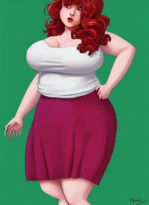 Image similar to full body portrait of teenage cheryl blossom, obese, bangs, green eyes, sultry expression, red hair, sultry smirk, bangs and wavy hair, pink skirt, fat, intricate, elegant, glowing lights, highly detailed, digital painting, artstation, concept art, smooth, sharp focus, illustration, art by wlop, mars ravelo and greg rutkowski