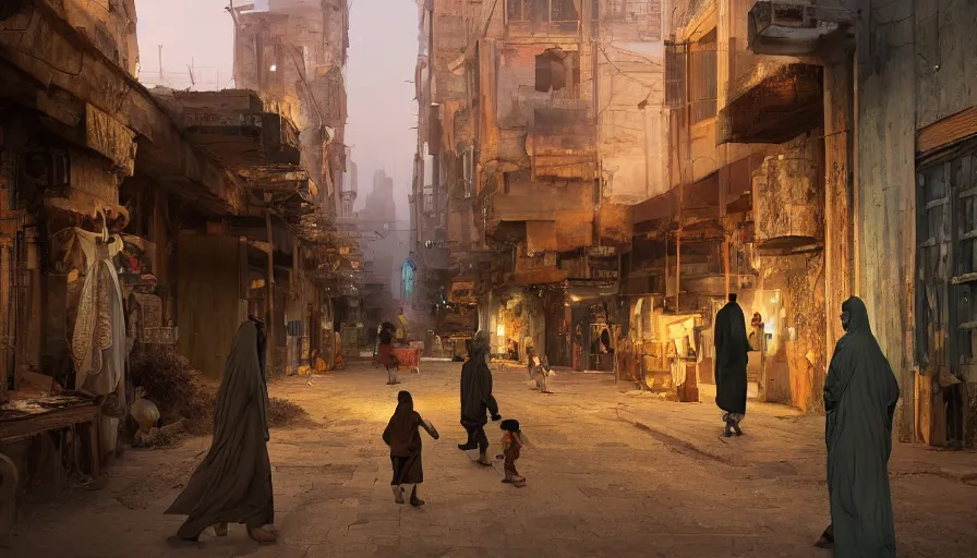 Image similar to old jeddah city alley, roshan, shops, a big magical glowing time portal, a nomad wearing a worn out coat, plants, kids, dramatic lighting sci fi, by caspar david friedrich by beeple and james gilleard and justin gerard, centered, artstation, smooth, sharp focus, photoreal octane render, 3 d, by jean baptiste monge