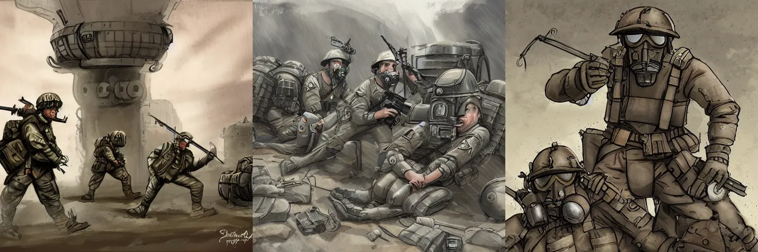 Prompt: soldiers taking cover in a battle, dieselpunk art style, concept art, artstudio