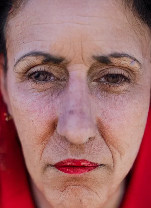 Image similar to close up portrait of beautiful 40-years-old Italian woman, wearing a red outfit, well-groomed model, candid street portrait in the style of Martin Schoeller award winning, Sony a7R