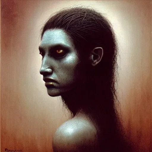 Image similar to beautiful palewhite maneater girl with black hairs by beksinski