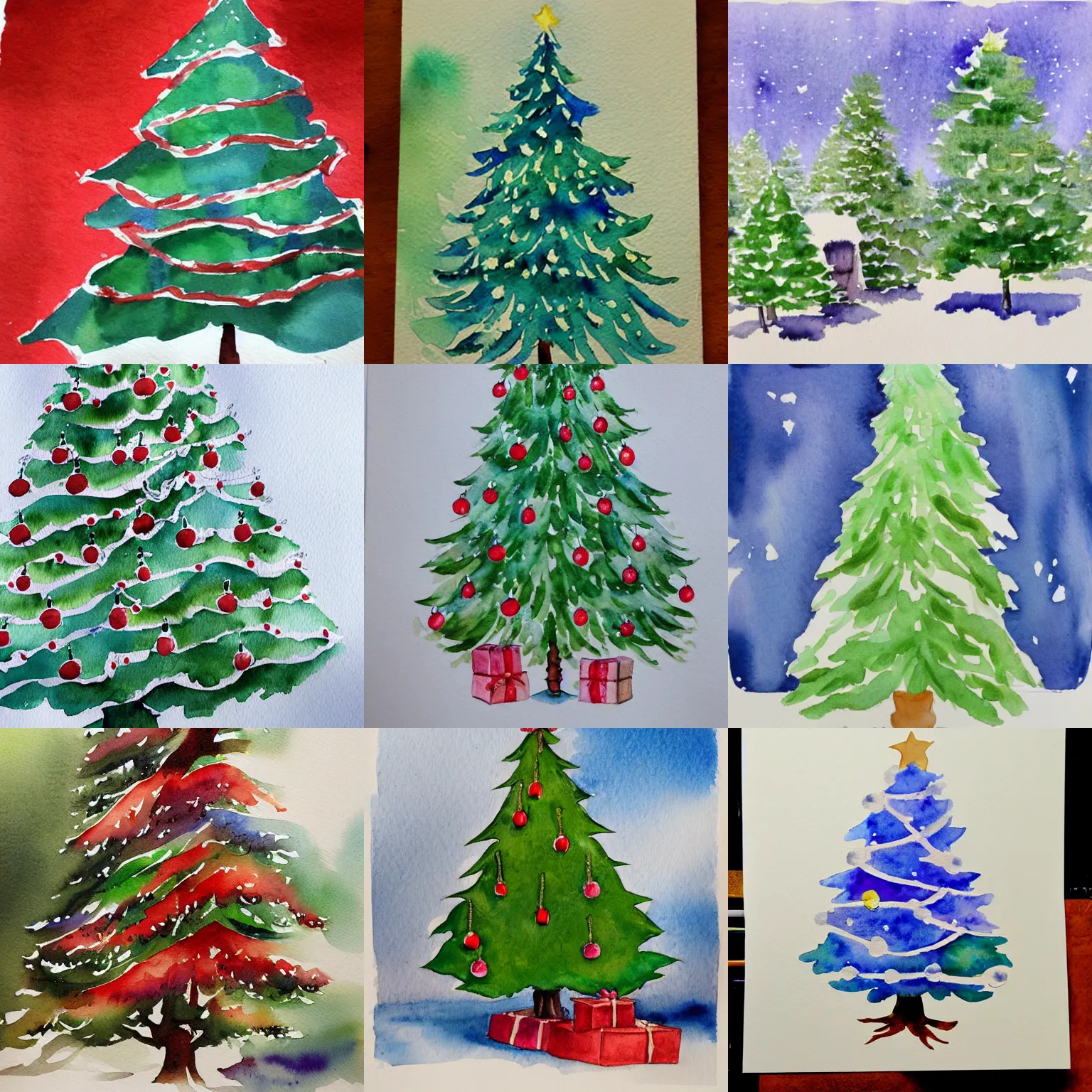 Prompt: a watercolor painting of chritsmas tree