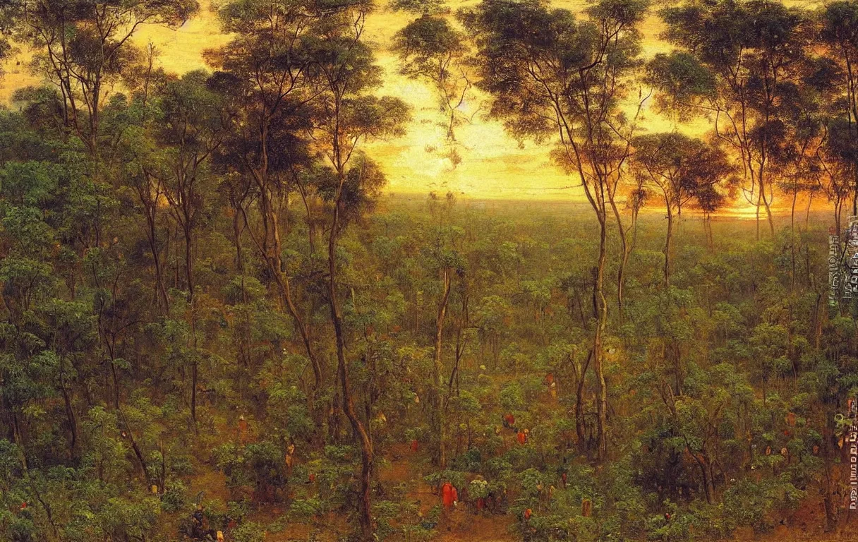 Prompt: birds eye view landscape of the forests of Dahomey in Benin, small village in centre, sun setting on horizon, 1885, colorful highly detailed oil on canvas, by Ilya Repin