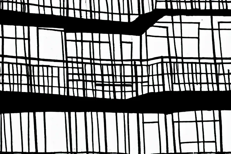 Image similar to a one line drawing of an urban balcony, solid background, black and white