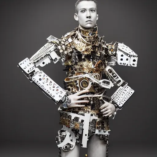 Prompt: a portrait of a beautiful young male wearing an alexander mcqueen armor made of parts of a robot , photographed by andrew thomas huang, artistic