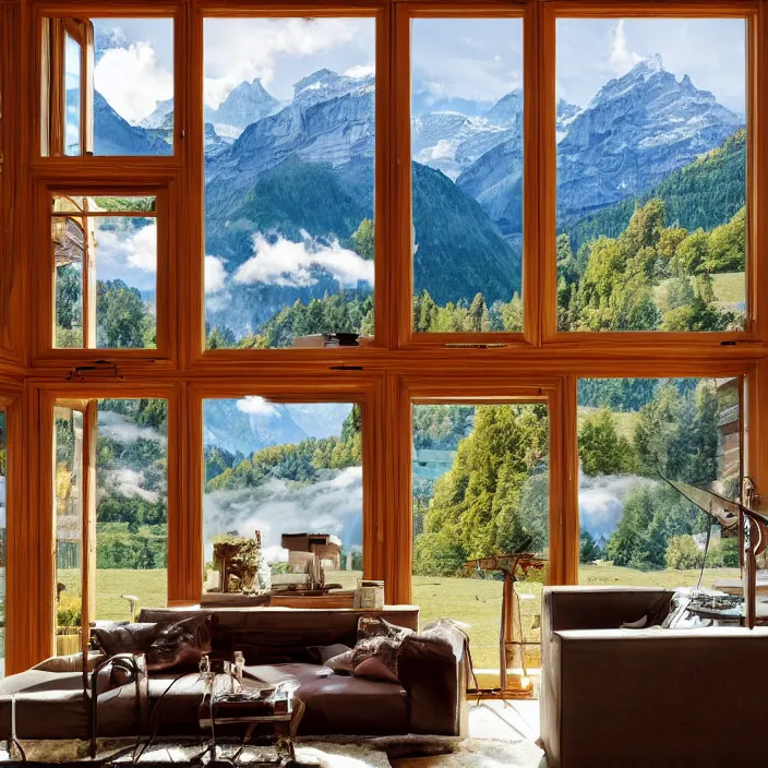 Image similar to fantastical living room with switzerland landscape in the window