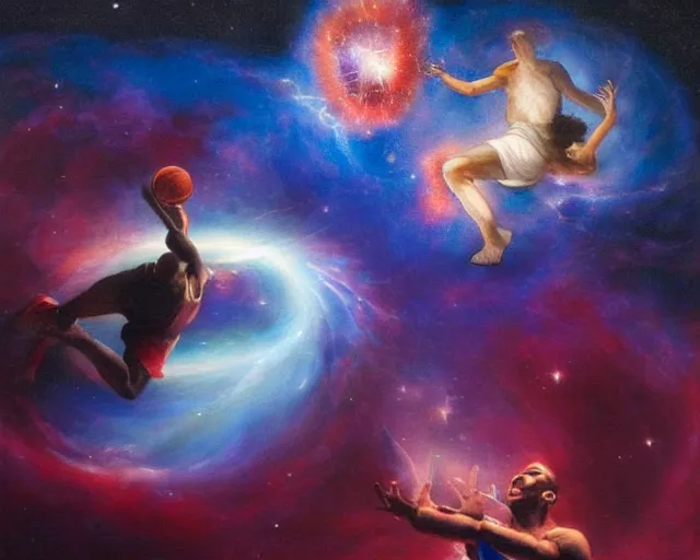 Prompt: cosmic basketball player dunking a basketball hoop in a nebula, an oil painting, by ( leonardo da vinci ) and greg rutkowski and rafal olbinski ross tran airbrush time magazine
