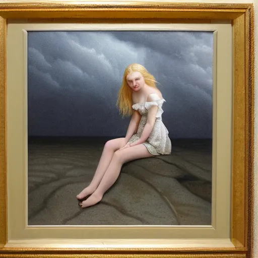 Image similar to Elle Fanning at night, stormy weather, extremely detailed masterpiece, illustration, by Michael Sowa,