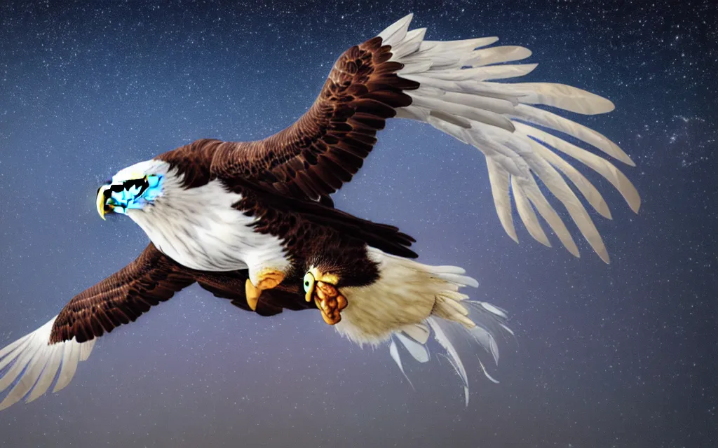 Image similar to hd photo cinematic concept art bald eagle in white ivory and metallic gold with wings outstretched flying with red and white feathered wings, dark blue evening night with stars in the sky