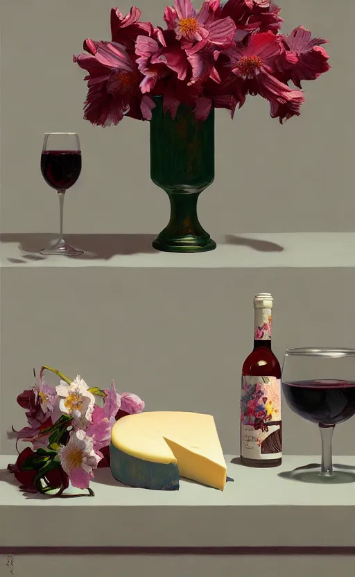 Prompt: an achingly beautiful still life featuring blooming flowers, tillamook cheese, and red wine , very coherent, painted by Edward Hopper, Wayne Barlowe, painted by James Gilleard, airbrush, art by JamesJean