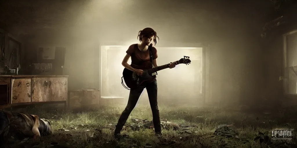 ellie from last of us playing guitar in a dark, Stable Diffusion