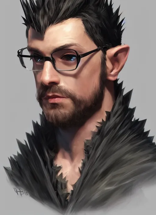 Prompt: spiky black short hair and glasses mage male white, dndbeyond, bright, colourful, realistic, dnd character portrait, full body, pathfinder, pinterest, art by ralph horsley, dnd, rpg, lotr game design fanart by concept art, behance hd, artstation, deviantart, hdr render in unreal engine 5