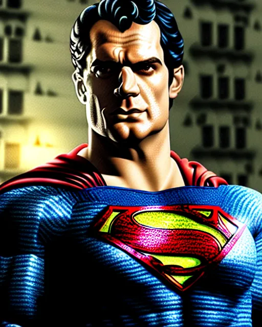 Image similar to hyperrealistic mixed media painting of a henry cavill as depressed superman, dimly lit dive bar, stunning 3d render inspired art by P. Craig Russell and Barry Windsor-Smith + perfect facial symmetry + dim volumetric lighting, 8k octane beautifully detailed render, post-processing, extremely hyperdetailed, intricate, epic composition, grim yet sparkling atmosphere, cinematic lighting + masterpiece, trending on artstation, very very detailed, masterpiece, stunning