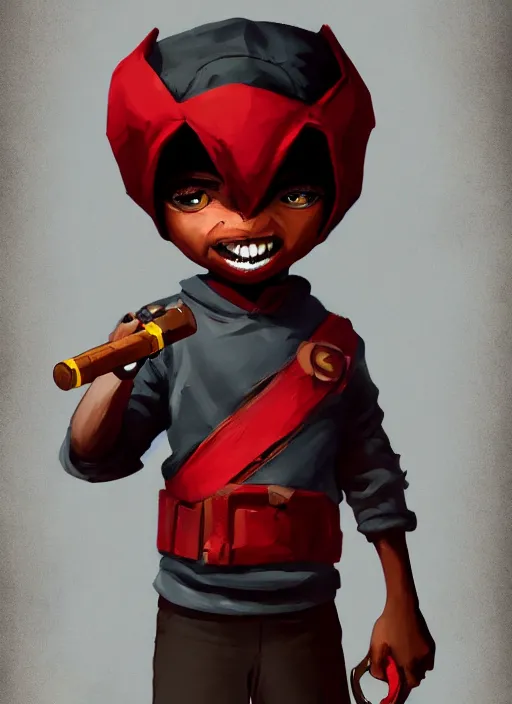 Prompt: a highly detailed illustration of a little black boy and has only one leg, red hood and a pipe smoking in his mouth, cute, highly detailed, centered, digital painting, artstation, concept art, smooth, sharp focus, league of legends concept art, wlop