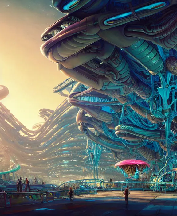 Image similar to an amusement park made out of alien creatures, biological forms, internal organs, in the style of an asymmetrical spaceship, apocalyptic environment, by dan mumford, yusuke murata, makoto shinkai, ross tran, cinematic, unreal engine, cel shaded, featured on artstation, pixiv