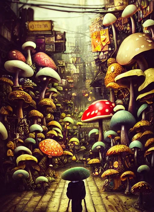 Prompt: a lively and whimsical dark fungal pawn shop, cinematic framing, wide angle, rain lit, kawaii shop grows from the stalk of a giant mushroom, cgsociety, siggraph, dystopian scifi, concept art, set design, oleg oprisco, conrad roset, anka zhuravleva, gediminas pranckevicius, cornell, kawasaki