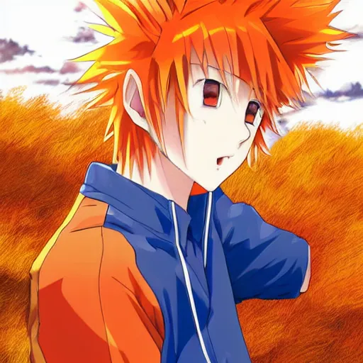 Prompt: orange - haired anime boy, 1 7 - year - old anime boy with wild spiky hair, wearing blue jacket, golden hour, partly cloudy sky, red clouds, orange sky, strong lighting, strong shadows, vivid hues, ultra - realistic, sharp details, subsurface scattering, intricate details, hd anime, 2 0 1 9 anime