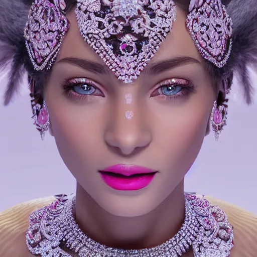 Image similar to portrait of wonderful princess of diamond with fair skin, ornate with diamonds, 8 k, gorgeous, intricate, detailed, glowing white accent lighting, dramatic lighting, octane render