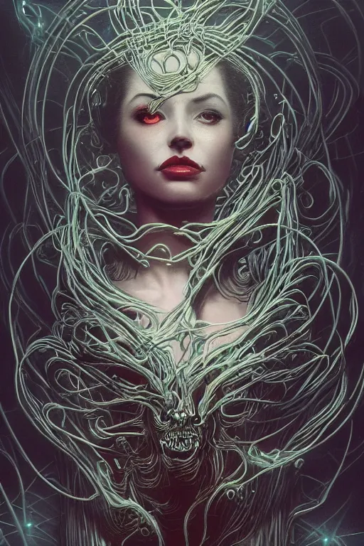 Prompt: beautiful female entity fused with poltergeist demon, soulless, seducing expression, few elegant ornate wire pattern, portrait, intricate details, violent and vicious appearance, scifi, space horror, by vincent di fate, artgerm, julie bell, beeple and Greg Rutkowski, 90s, concept, Smooth gradients, octane render, 8k, High contrast, duo tone, depth of field, very coherent symmetrical artwork