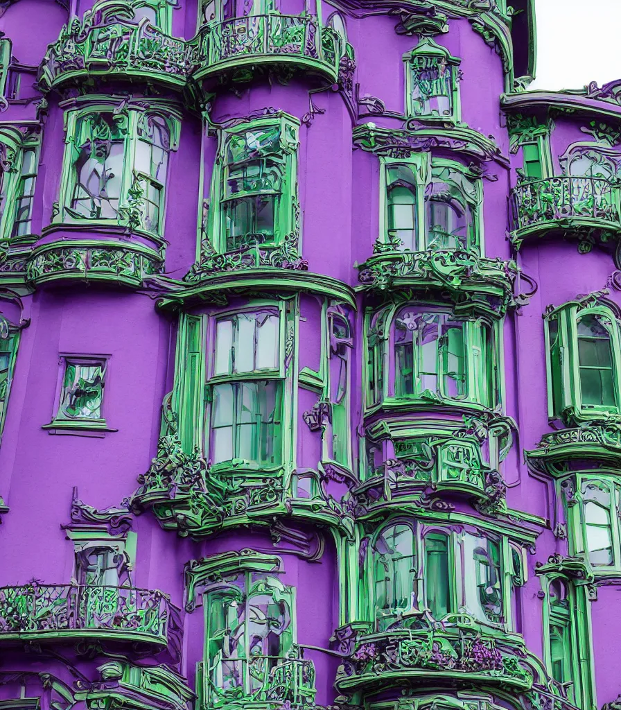 Prompt: a purple and green studio ghibli victorian house, ornate details, realistic windows, 3 5 mm photography