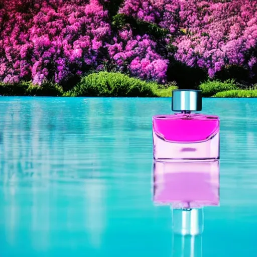 Image similar to pink perfume bottle sitting on the middle of a blue lake, close up shot, upfront, surrounded by pink flowers, blurred blue sky backround, softly - lit, soft - warm, zen, light, modern minimalist f 2 0 clean