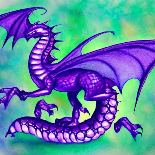 Image similar to adorable baby dragon, the dragon is purple and glittery, fantasy concept art, pastels, ethereal fairytale, watercolor kawaii