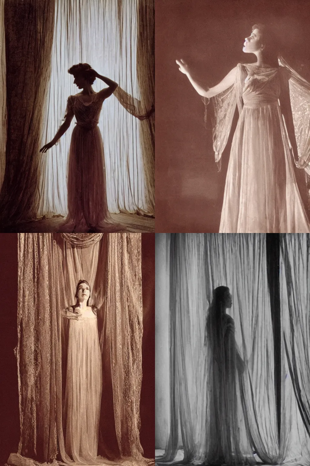 Prompt: featured on cg society, by Marià Fortuny, movie still, enchanting, photo, a woman standing in front of a curtain, arabesque, a hologram