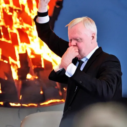 Image similar to a high quality photograph of europe burning in fire while olli rehn shouts in pain and tears his hair